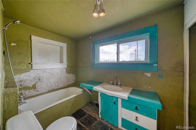 full bathroom featuring shower / bath combination, toilet, tile flooring, and vanity