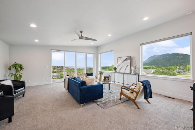 260 Upper Glenway Rd, Palmer Lake, CO 80133 - living area with recessed lighting, carpet flooring, a ceiling fan, and a mountain view