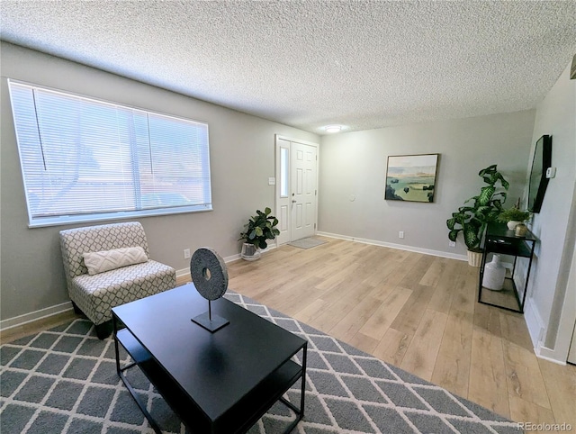 living area with wood finished floors, baseboards, and a textured ceiling