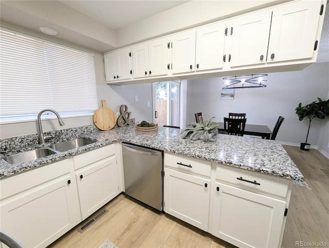 kitchen with visible vents, a peninsula, a sink, stainless steel dishwasher, and light wood-type flooring