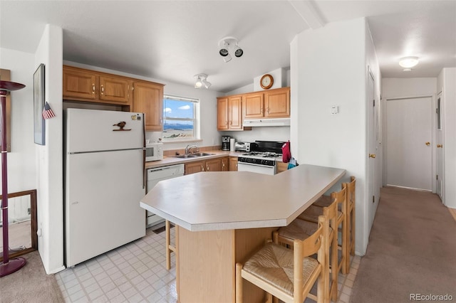 165 Coyotero Trl, Hartsel, CO 80449 - kitchen with white appliances, under cabinet range hood, a kitchen breakfast bar, lofted ceiling, and light countertops