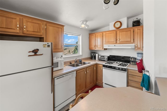 165 Coyotero Trl, Hartsel, CO 80449 - kitchen featuring white appliances, under cabinet range hood, light countertops, and vaulted ceiling