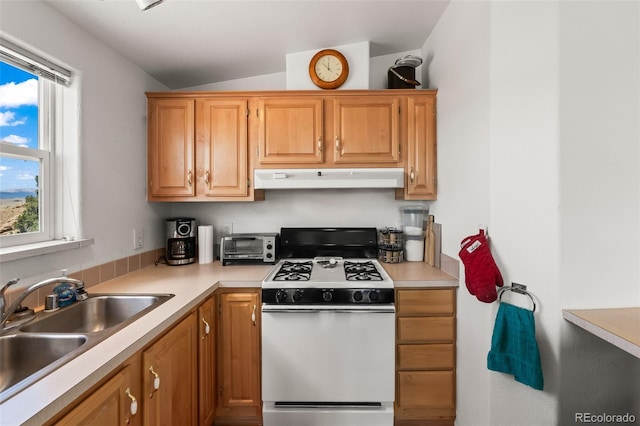 165 Coyotero Trl, Hartsel, CO 80449 - kitchen with gas range gas stove, under cabinet range hood, lofted ceiling, healthy amount of natural light, and light countertops