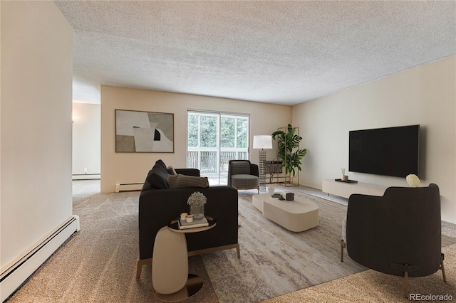 carpeted living room featuring a baseboard radiator and a textured ceiling