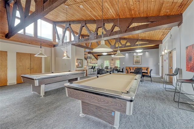 game room featuring wood ceiling, pool table, beam ceiling, and carpet floors