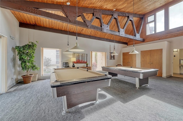 recreation room with wood ceiling, billiards, carpet flooring, and high vaulted ceiling