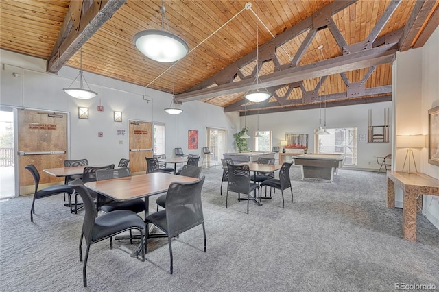 carpeted dining area featuring beam ceiling, a wealth of natural light, high vaulted ceiling, and wooden ceiling