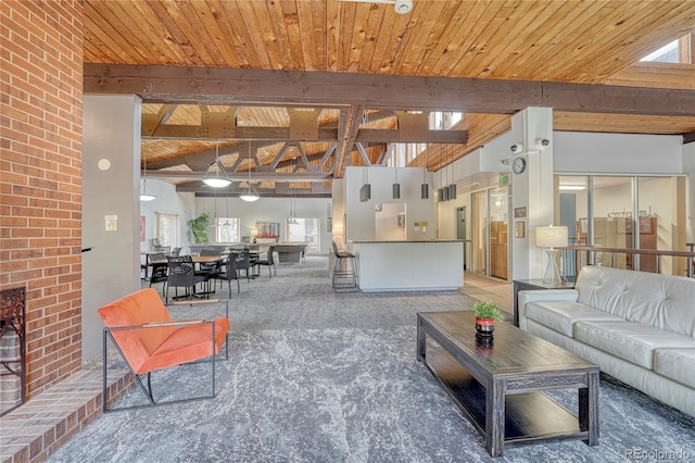 living room with wood ceiling and lofted ceiling with beams