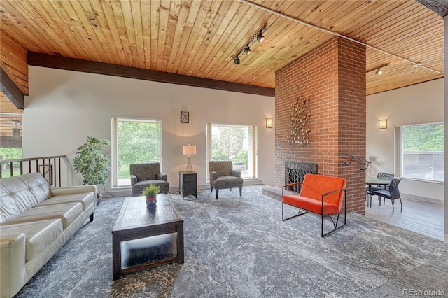 living room with a fireplace, wooden ceiling, and track lighting