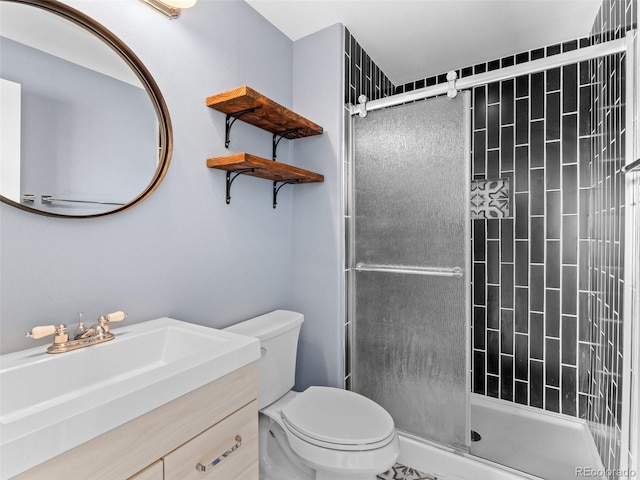 bathroom with vanity, toilet, and a stall shower