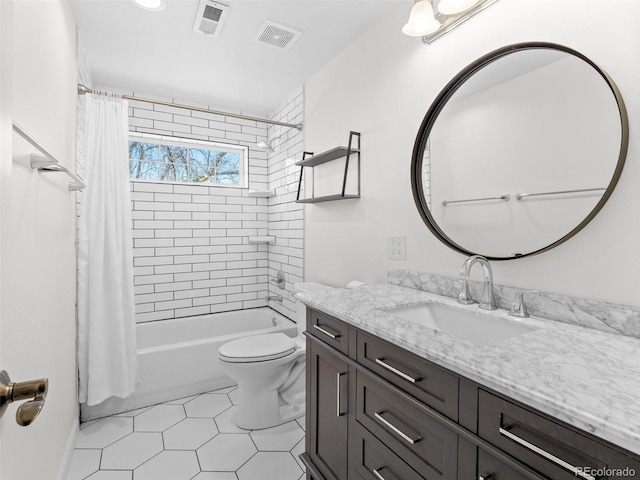 full bathroom with visible vents, toilet, shower / bath combo, and vanity