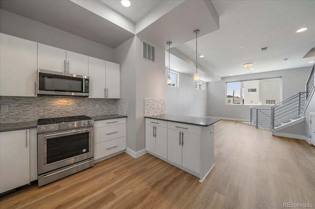 1632 Lowell Blvd Unit 5, Denver, CO 80204 - kitchen featuring stainless steel appliances, dark countertops, a peninsula, light wood-style floors, and decorative backsplash