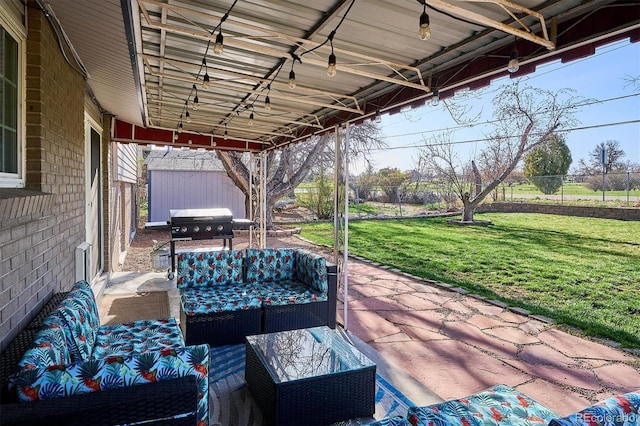 3406 E Fair Pl, Centennial, CO 80121 - fenced backyard featuring a storage shed, a patio, and an outdoor hangout area