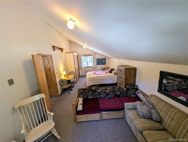 bedroom with carpet flooring and vaulted ceiling