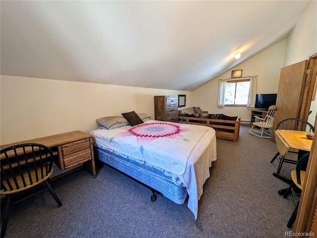 carpeted bedroom with lofted ceiling