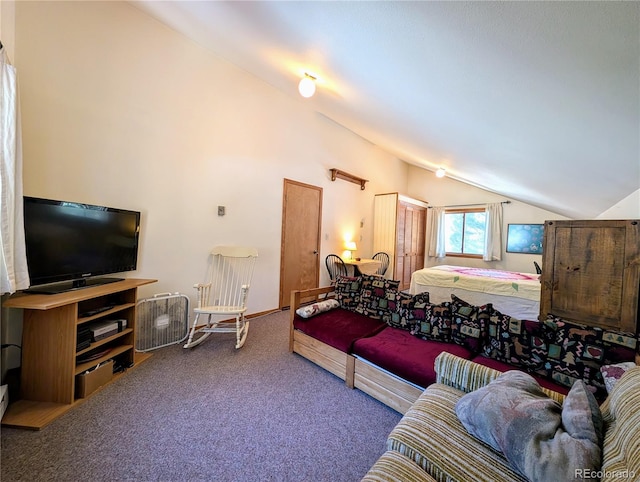 carpeted living room with lofted ceiling