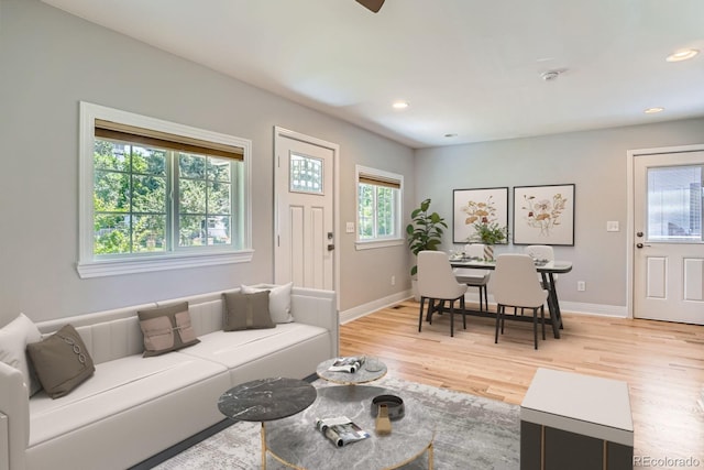 1733 S Gilpin St, Denver, CO 80210 - living room featuring light wood finished floors and recessed lighting