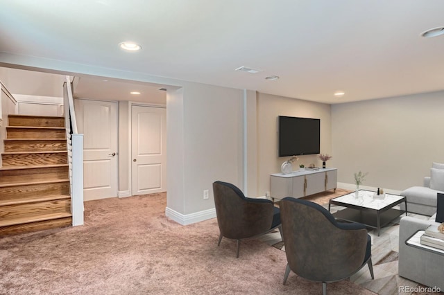 1733 S Gilpin St, Denver, CO 80210 - living room featuring stairs, light carpet, and recessed lighting