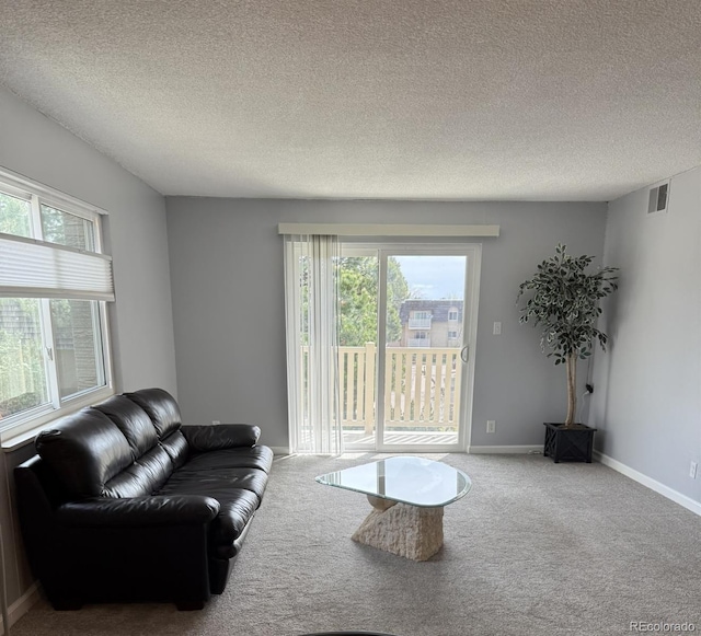 living area featuring carpet flooring, a textured ceiling, and baseboards