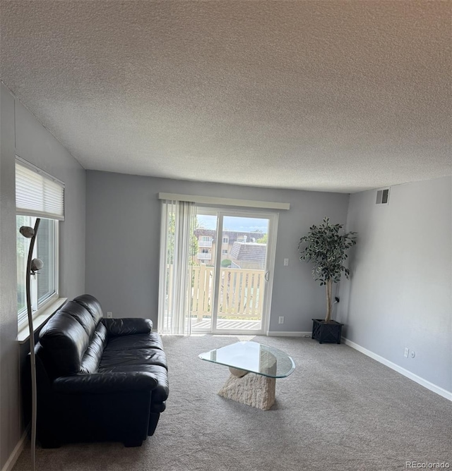 living room featuring carpet flooring, a textured ceiling, and baseboards
