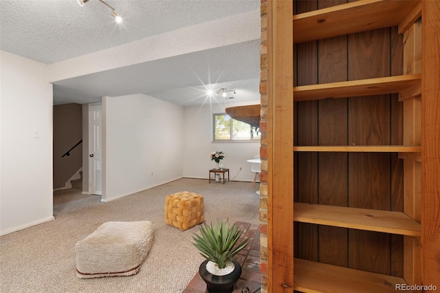 12642 E Ohio Ave, Aurora, CO 80012 - basement with carpet flooring, stairway, rail lighting, a textured ceiling, and baseboards