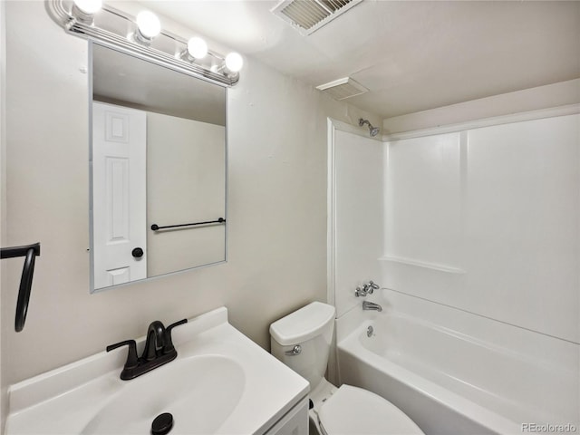 bathroom with visible vents, vanity, toilet, and shower / bathtub combination