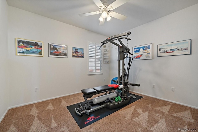 workout room featuring carpet flooring, ceiling fan, and baseboards