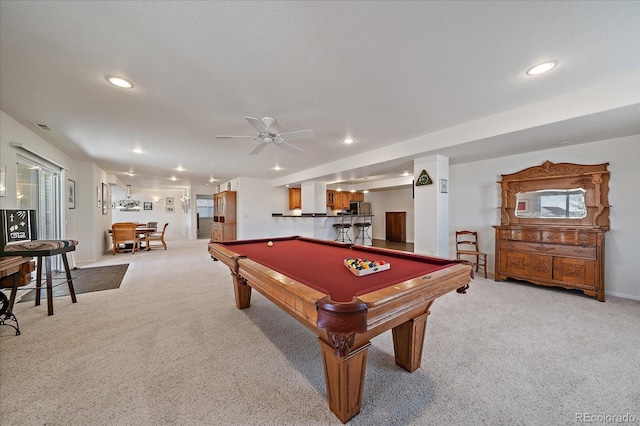 game room with billiards, baseboards, light colored carpet, a bar, and recessed lighting