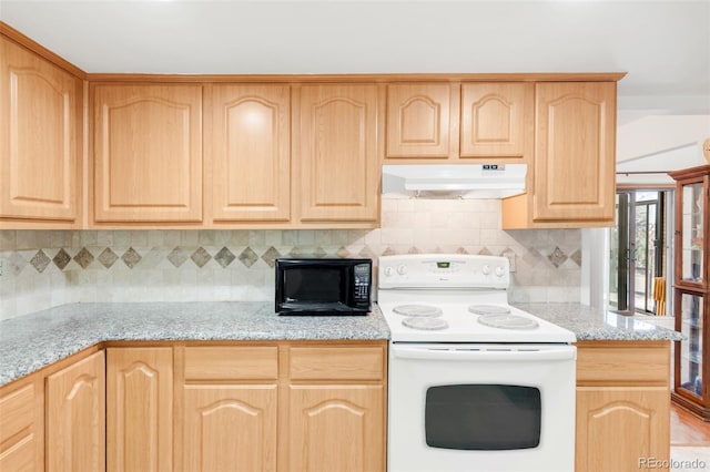 4034 S Atchison Way, Aurora, CO 80014 - kitchen featuring white electric range, under cabinet range hood, black microwave, light brown cabinets, and tasteful backsplash
