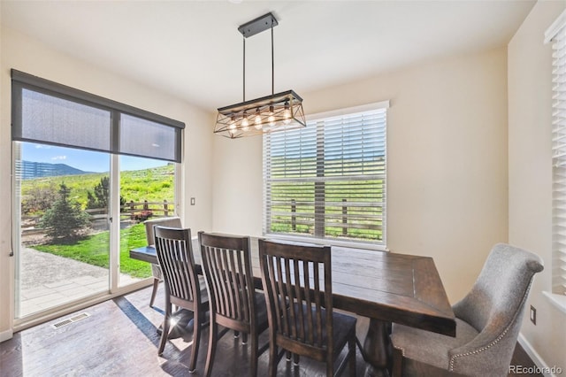 dining space with a mountain view and hardwood / wood-style floors