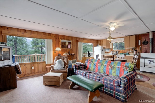 307 Virginia Rd, Bailey, CO 80421 - living room with light carpet, wood walls, and a ceiling fan
