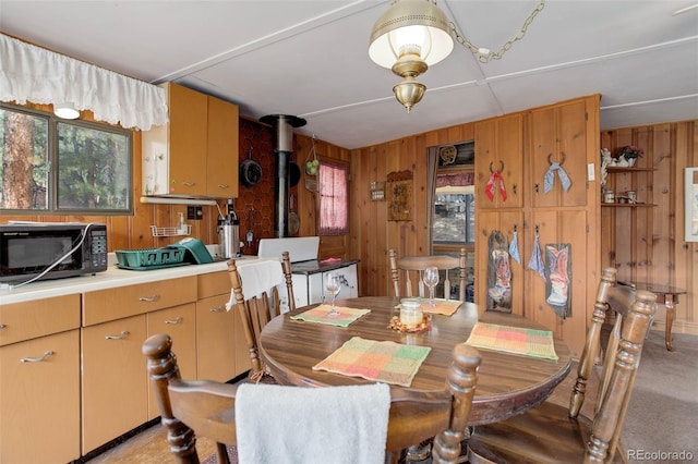 307 Virginia Rd, Bailey, CO 80421 - dining room with a healthy amount of sunlight, wooden walls, and a wood stove