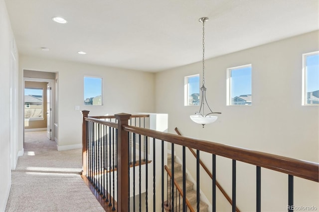 corridor with light colored carpet and a wealth of natural light