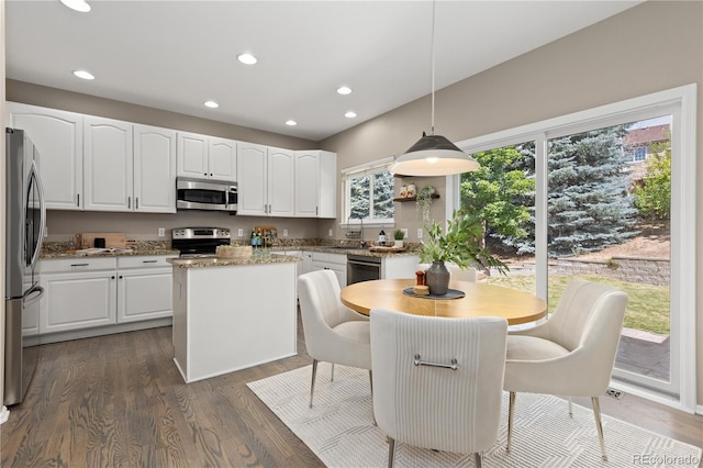 8982 Miners Pl, Highlands Ranch, CO 80126 - kitchen with stainless steel appliances, a center island, dark wood-style floors, recessed lighting, and white cabinetry