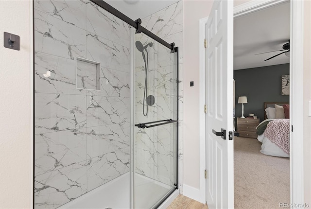 8982 Miners Pl, Highlands Ranch, CO 80126 - full bath with ensuite bath, a marble finish shower, and ceiling fan