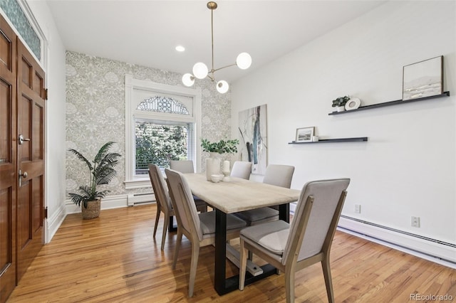 1215 N Emerson St Unit A, Denver, CO 80218 - dining space featuring wallpapered walls, a baseboard radiator, light wood-style floors, a chandelier, and recessed lighting