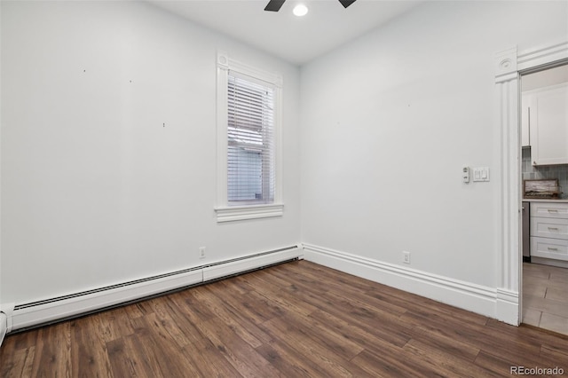 1215 N Emerson St Unit A, Denver, CO 80218 - unfurnished room featuring a ceiling fan, a baseboard radiator, wood finished floors, and recessed lighting