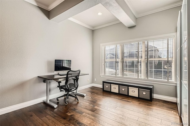 home office with baseboards, beam ceiling, hardwood / wood-style floors, and crown molding