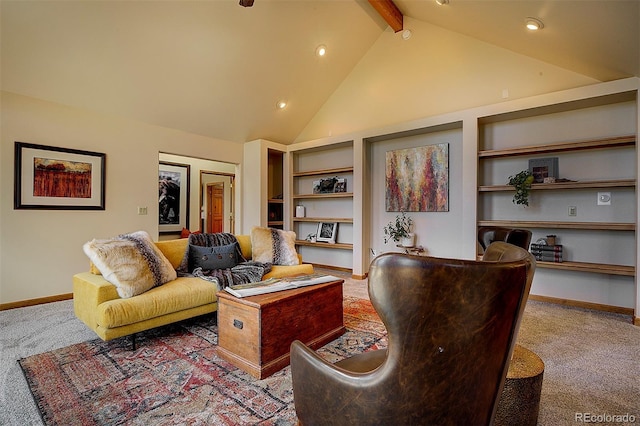 living room featuring built in shelves, baseboards, carpet, beam ceiling, and high vaulted ceiling