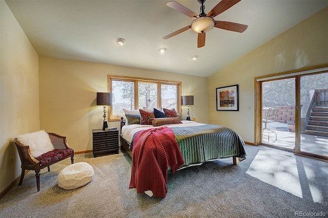 carpeted bedroom featuring access to exterior, a ceiling fan, baseboards, and vaulted ceiling