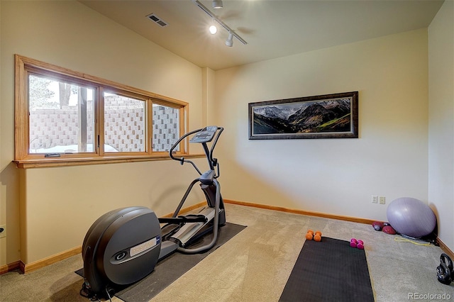 workout area featuring visible vents, baseboards, and carpet floors