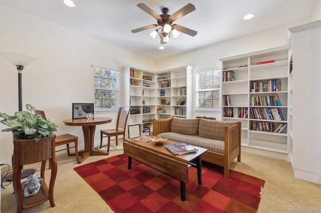 sitting room with recessed lighting, a ceiling fan, and carpet floors