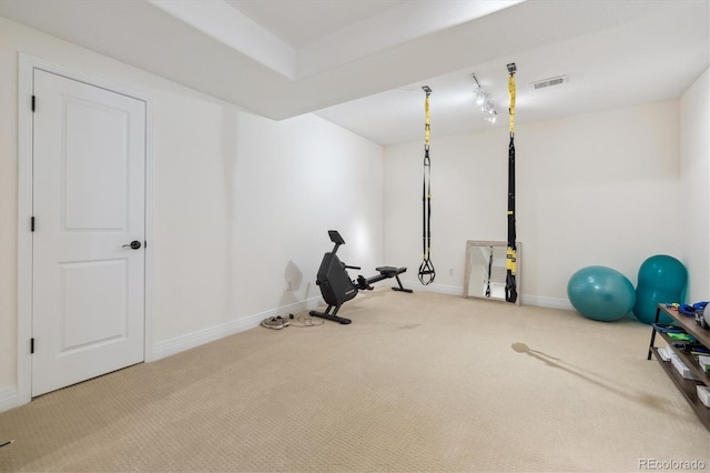 exercise room featuring baseboards, visible vents, and carpet floors