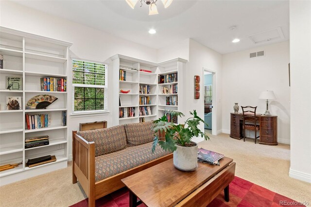 7444 E 9th Ave, Denver, CO 80230 - living area featuring carpet, attic access, baseboards, ceiling fan, and recessed lighting