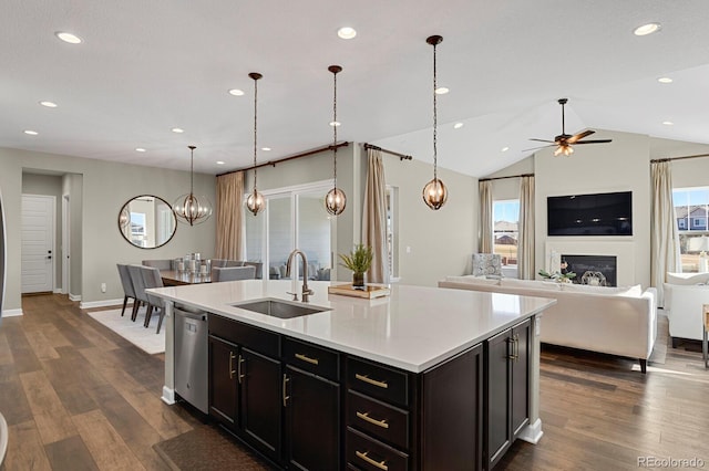 kitchen with plenty of natural light, dark wood finished floors, dishwasher, a glass covered fireplace, and a sink