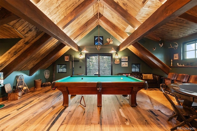 534 W Meadow Rd, Evergreen, CO 80439 - game room with hardwood / wood-style floors, billiards table, and wood ceiling