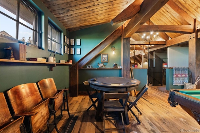 534 W Meadow Rd, Evergreen, CO 80439 - dining area with wood ceiling, hardwood / wood-style floors, and pool table