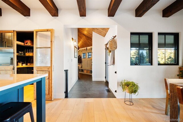 534 W Meadow Rd, Evergreen, CO 80439 - corridor with wood finished floors and beamed ceiling