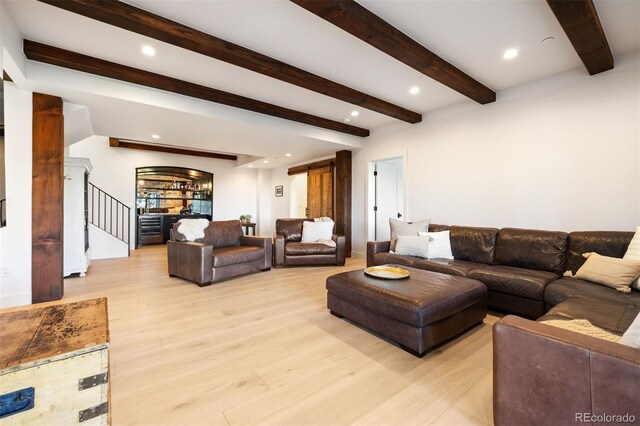 534 W Meadow Rd, Evergreen, CO 80439 - living area with light wood-type flooring, beam ceiling, stairway, and recessed lighting