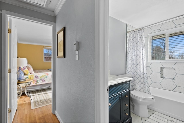 full bathroom with vanity, toilet, hardwood / wood-style flooring, and ornamental molding